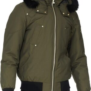 Moose Knuckles Green and Black Puffer Jacket with Fur-Trimmed Hood Men’s Large